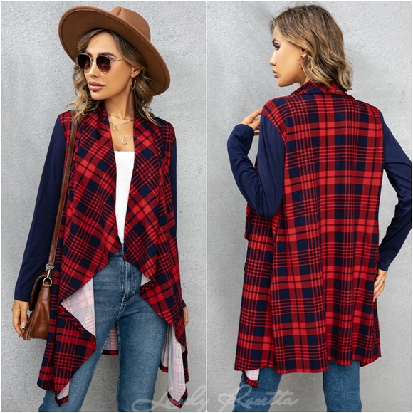 Red Plaid Open Front Cardigan - Picture 1 of 6